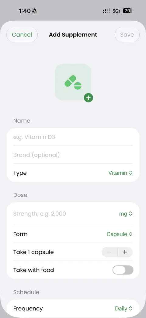 Add Supplement form with name, brand, type, strength and form