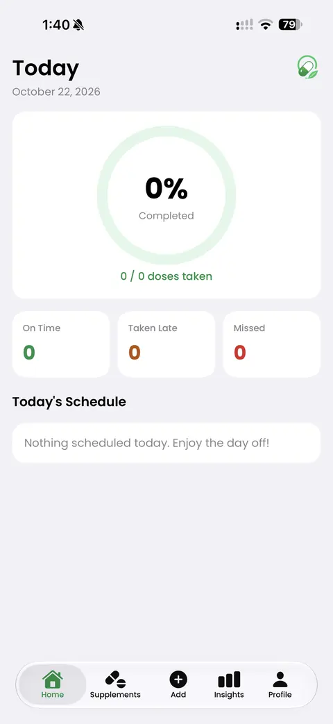 Home screen with today's progress ring and On Time, Taken Late and Missed counts
